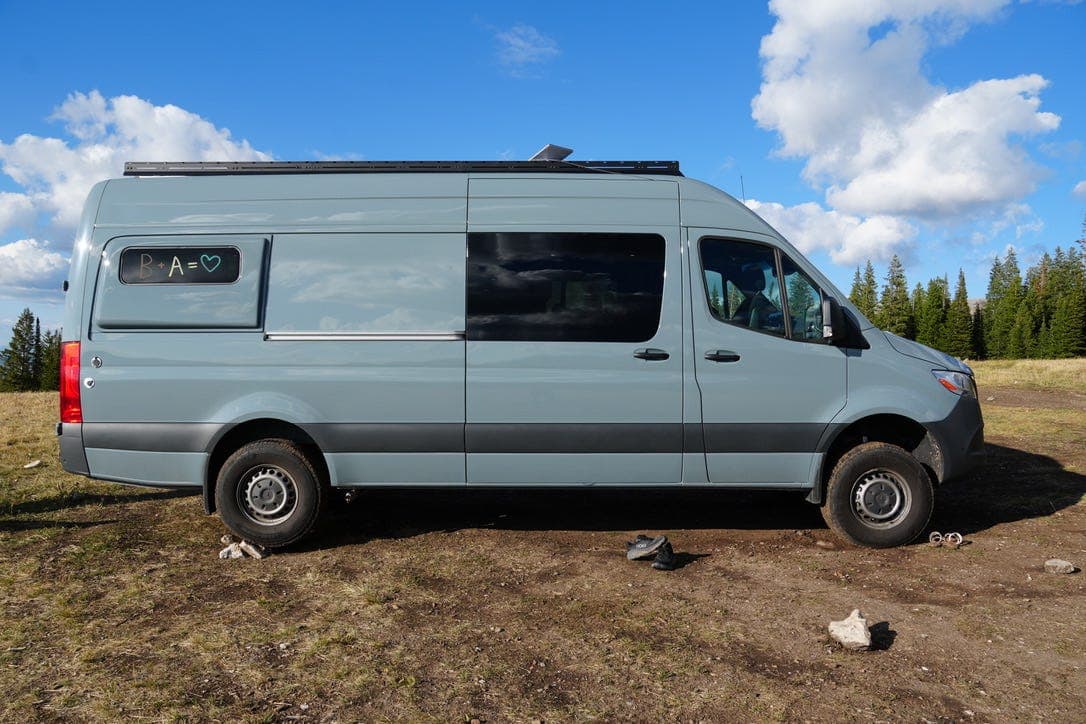 Parked on a mountain clearing opposite the Tetons. A few rocks helped us flatten the van so that we could take advantage of an uneven spot with a spectacular view.