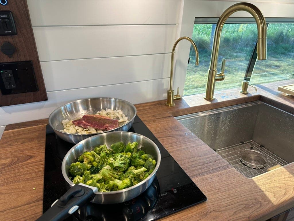 Two pans on the stovetop, not any different than in a normal kitchen.